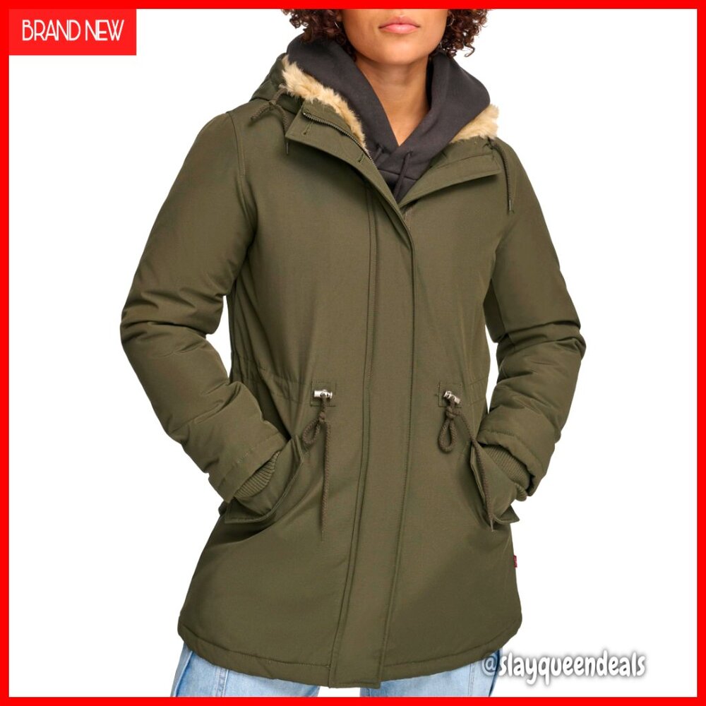 Faux Fur Lined Hooded Parka Jacket, Adjustable Waist, Heavyweight